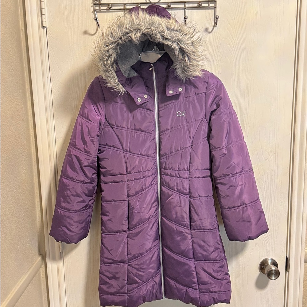 Calvin Klein Girls Large 12/14 Ariel Puffer Coat Purple Full‎ Zip Faux Fur Hood